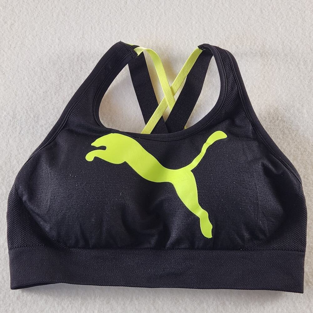 Puma Sports Bra Black Stretchy Embroidered Logo Padded Women's Medium